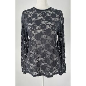 Lace Mesh Top Shirt Womens Gray Floral Long Sleeve Y2K Fairy Layering Size 2X